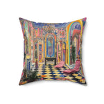 Harlequin Hype Checkered Floor Throw Pillow centered view showing colorful ornate hall with chandelier and diamond checkered tiles