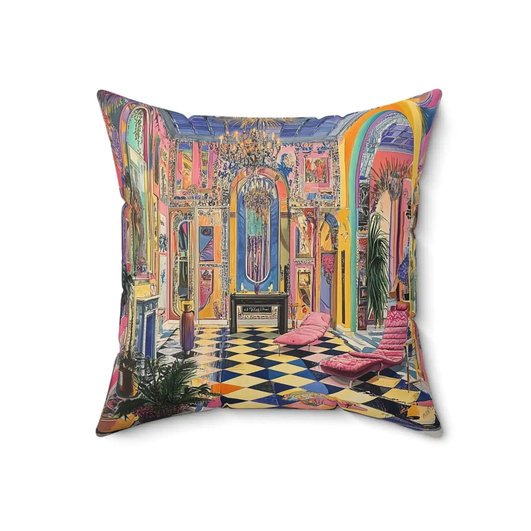 Harlequin Hype Checkered Floor Throw Pillow centered view showing colorful ornate hall with chandelier and diamond checkered tiles
