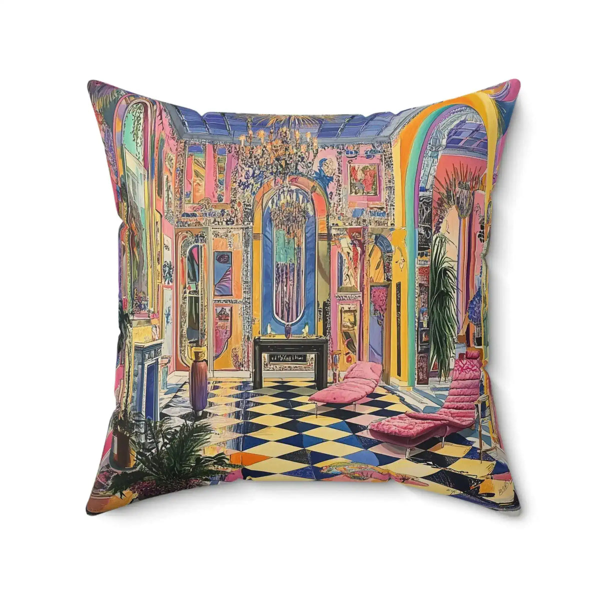 Harlequin Hype Checkered Floor Throw Pillow larger front showing vibrant rainbow baroque interior with checkered floor and pink chair
