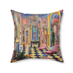 Harlequin Hype Checkered Floor Throw Pillow larger front showing vibrant rainbow baroque interior with checkered floor and pink chair