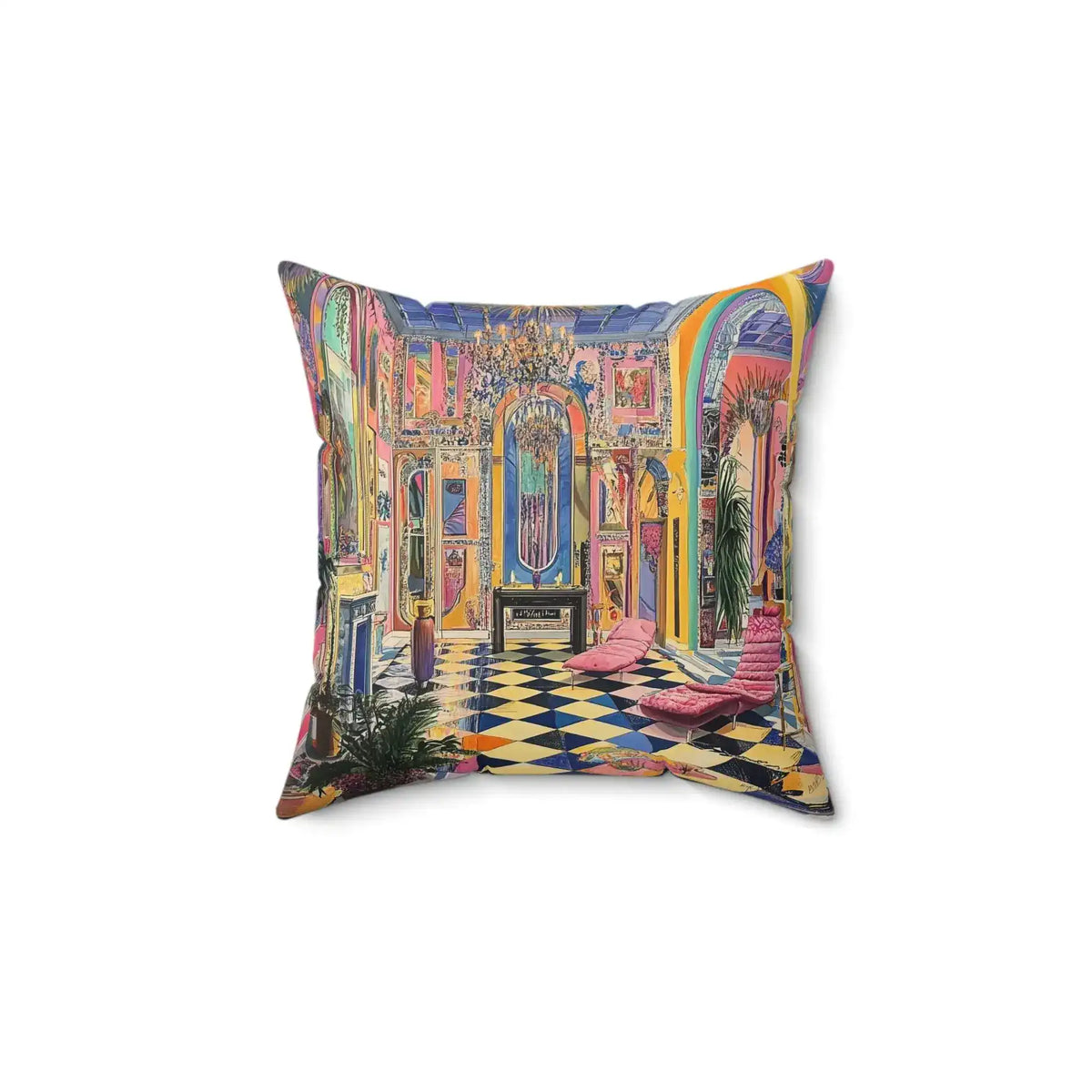 Harlequin Hype Checkered Floor Throw Pillow small product view of colorful baroque hall with checkered floor and crystal chandelier
