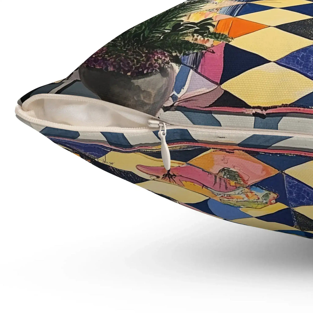 Close-up corner detail of Harlequin Hype Checkered Floor Throw Pillow showing white zipper and multicolored diamond harlequin pattern