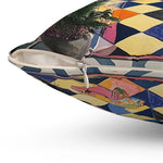 Close-up corner detail of Harlequin Hype Checkered Floor Throw Pillow showing white zipper and multicolored diamond harlequin pattern