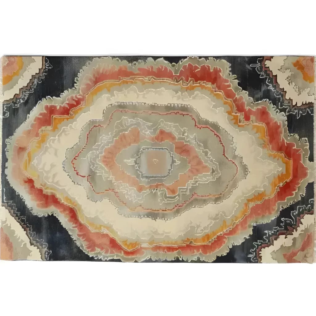 A stunning top view of the Harmonious Haven Hand Knotted Area Rug, showcasing its contemporary design. The rug features an intricate pattern resembling a natural geode with vibrant colors like red, orange, and cream, perfect for enhancing any living room space. This exquisite piece draws inspiration from Persian rugs, adding a touch of elegance to modern interiors.