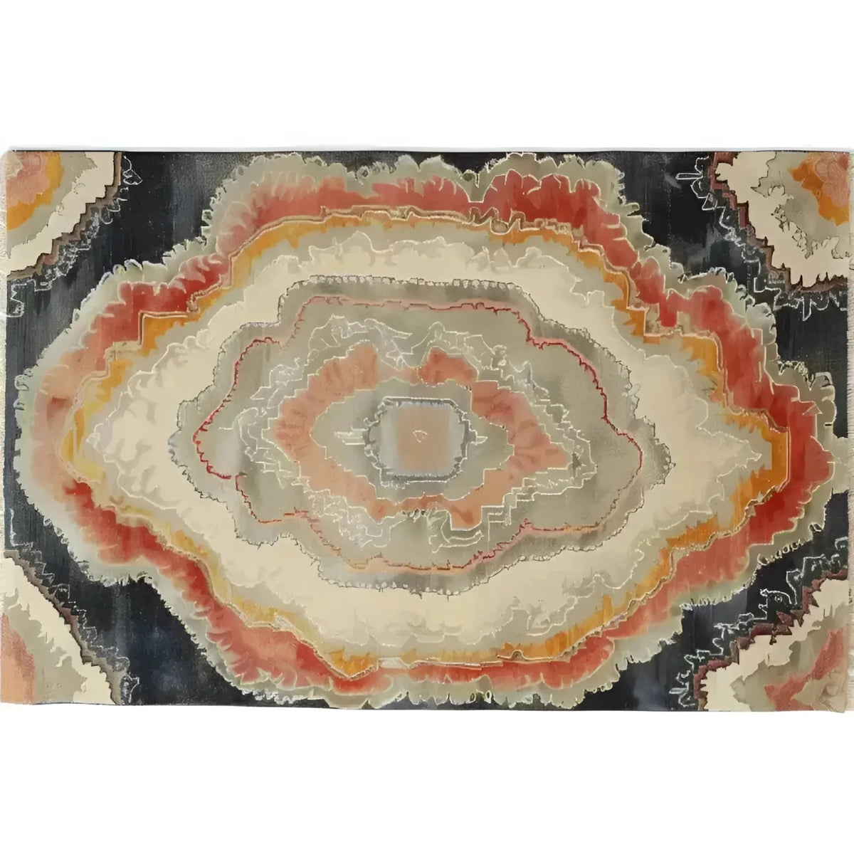 A stunning top view of the Harmonious Haven Hand Knotted Area Rug, showcasing its contemporary design. The rug features an intricate pattern resembling a natural geode with vibrant colors like red, orange, and cream, perfect for enhancing any living room space. This exquisite piece draws inspiration from Persian rugs, adding a touch of elegance to modern interiors.