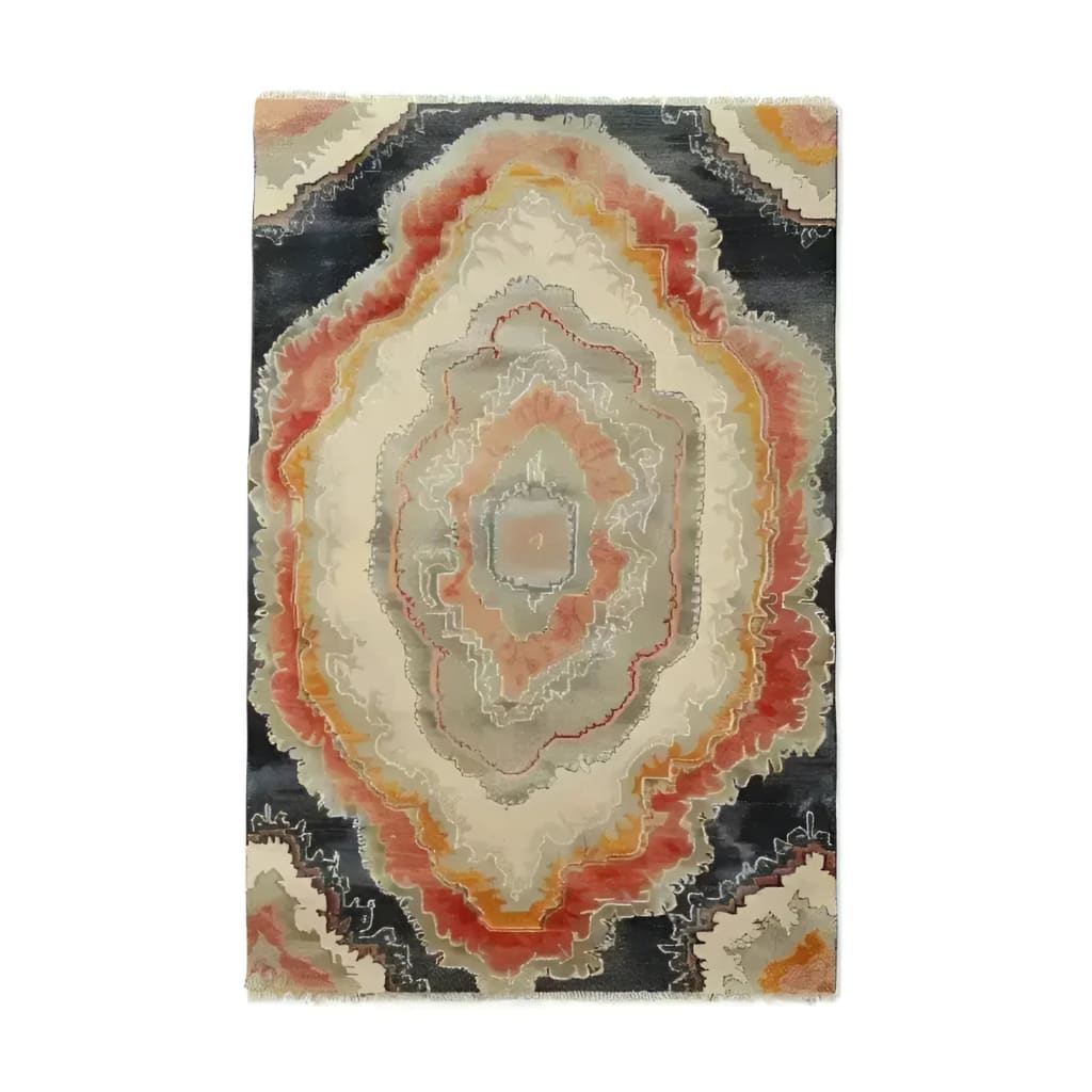 A striking hand-knotted area rug with a contemporary design, featuring abstract patterns in muted tones of orange, beige, and black. Perfect for adding a touch of elegance to your living room, reminiscent of traditional Persian rugs.