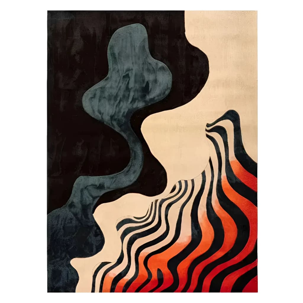 A contemporary hand tufted area rug titled 'Harmony in Waves', designed for office settings. The wool rug features an abstract pattern with flowing black, beige, and vibrant orange waves, creating a modern artistic look ideal for office spaces.
