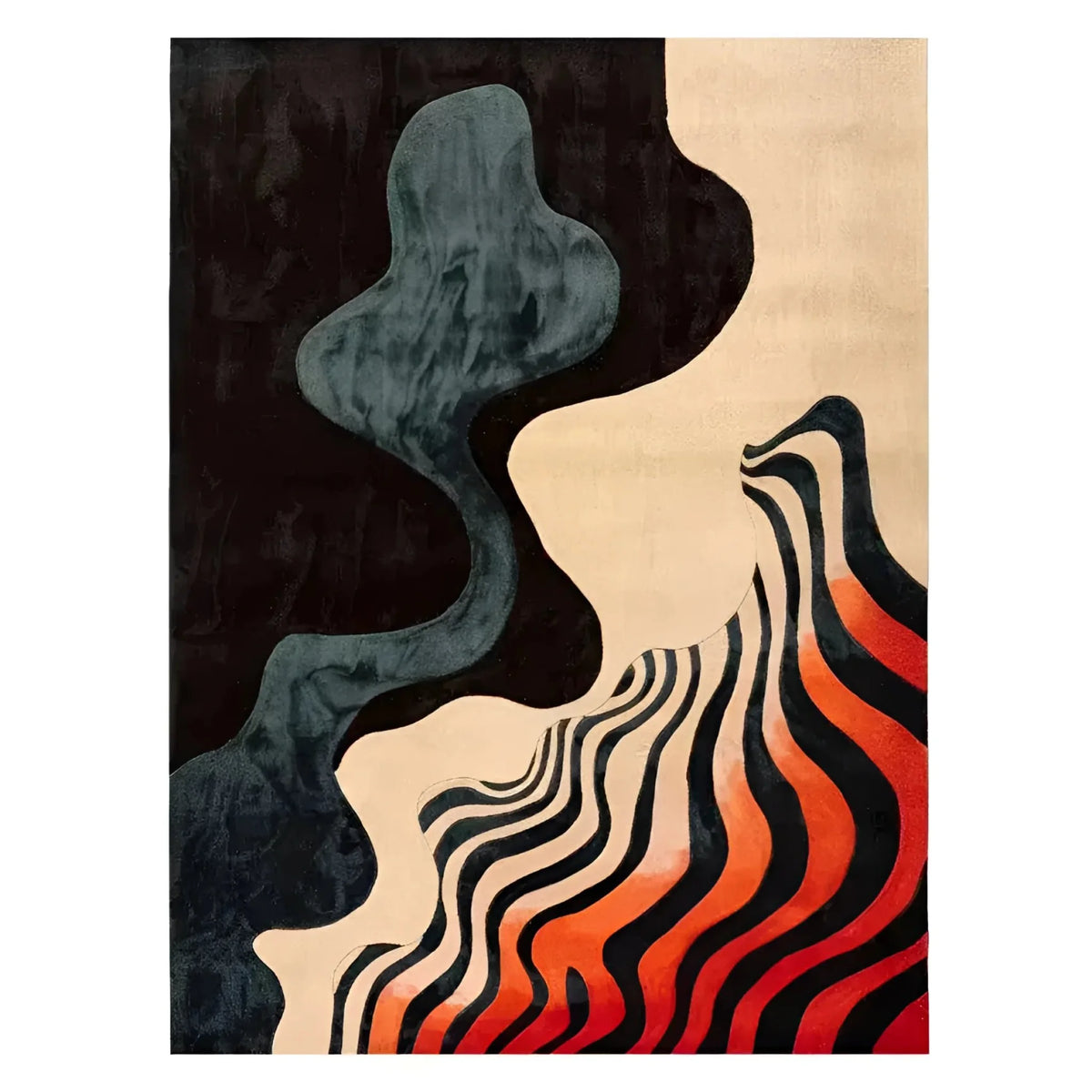 A contemporary hand tufted area rug titled 'Harmony in Waves', designed for office settings. The wool rug features an abstract pattern with flowing black, beige, and vibrant orange waves, creating a modern artistic look ideal for office spaces.