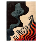 A contemporary hand tufted area rug titled 'Harmony in Waves', designed for office settings. The wool rug features an abstract pattern with flowing black, beige, and vibrant orange waves, creating a modern artistic look ideal for office spaces.