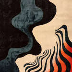 A stunning hand-tufted area rug featuring an abstract design with flowing black and teal shapes alongside bold orange and black stripes. This contemporary rug is perfect for adding a touch of modern elegance to any office setting. Made from high-quality wool, this office rug combines style and comfort, making it an ideal choice for those looking to enhance their workspace decor.