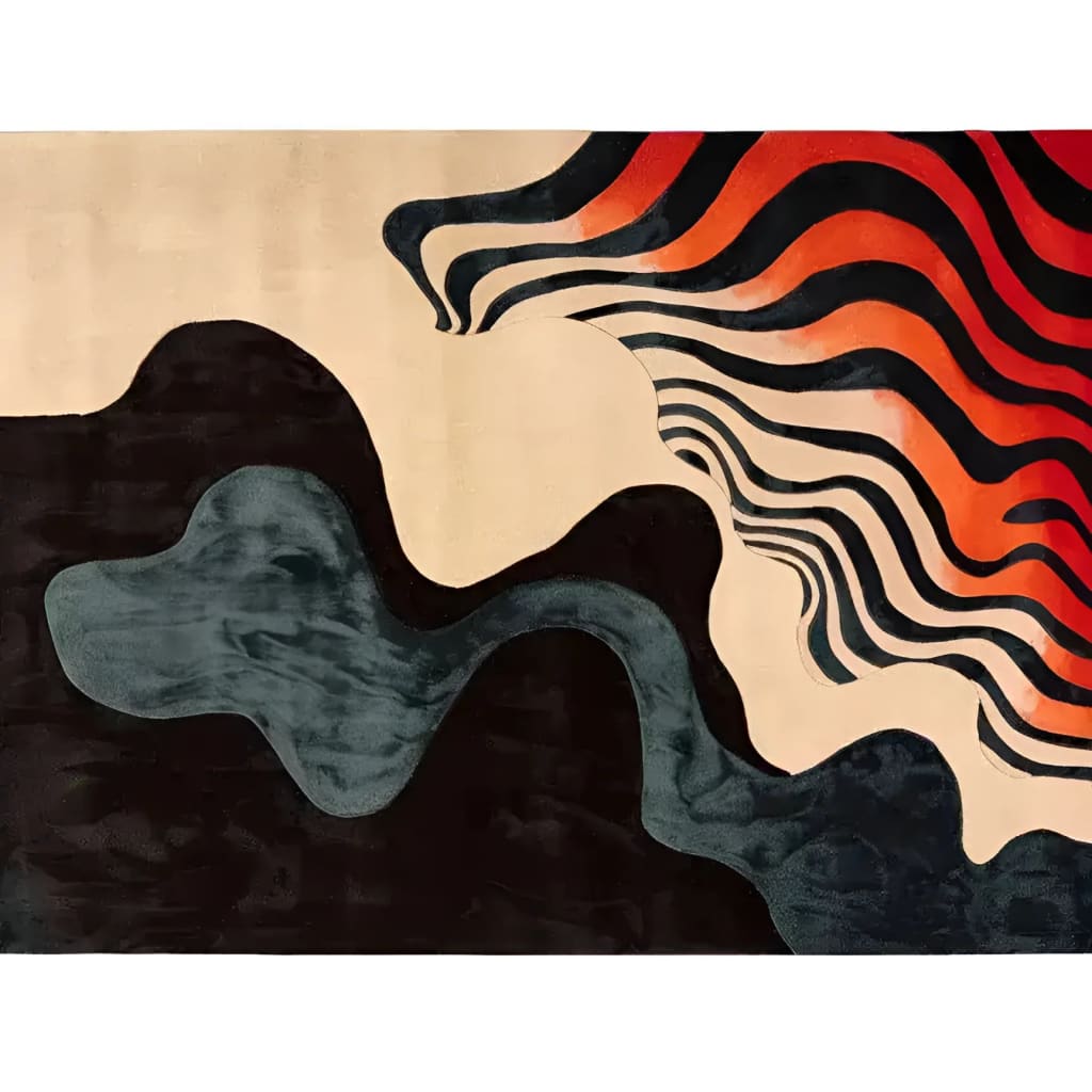 Top view of the Harmony in Waves Hand Tufted Area Rug showcasing its contemporary design with bold black and orange wave patterns. Perfect as a wool rug for office spaces, this rug adds a modern touch to any office setting.