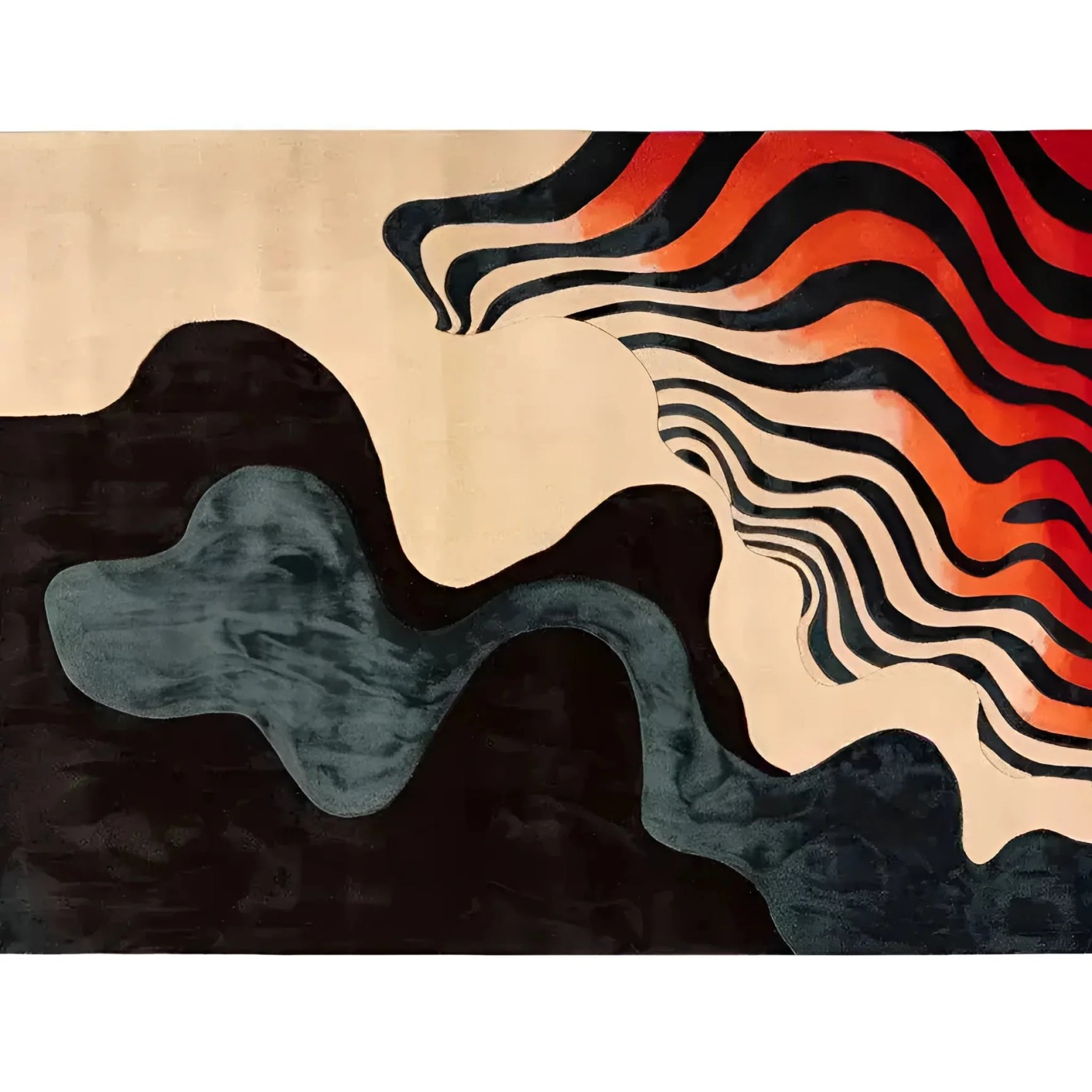 Top view of the Harmony in Waves Hand Tufted Area Rug showcasing its contemporary design with bold black and orange wave patterns. Perfect as a wool rug for office spaces, this rug adds a modern touch to any office setting.