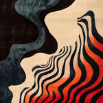 Top view of the Harmony in Waves Hand Tufted Rug, featuring an abstract design with flowing black, cream, and vibrant red-orange wavy patterns. This contemporary area rug, made of high-quality wool, is perfect for adding a touch of modern elegance to any office space.