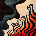 Top view of the Harmony in Waves Hand Tufted Rug, featuring an abstract design with flowing black, cream, and vibrant red-orange wavy patterns. This contemporary area rug, made of high-quality wool, is perfect for adding a touch of modern elegance to any office space.