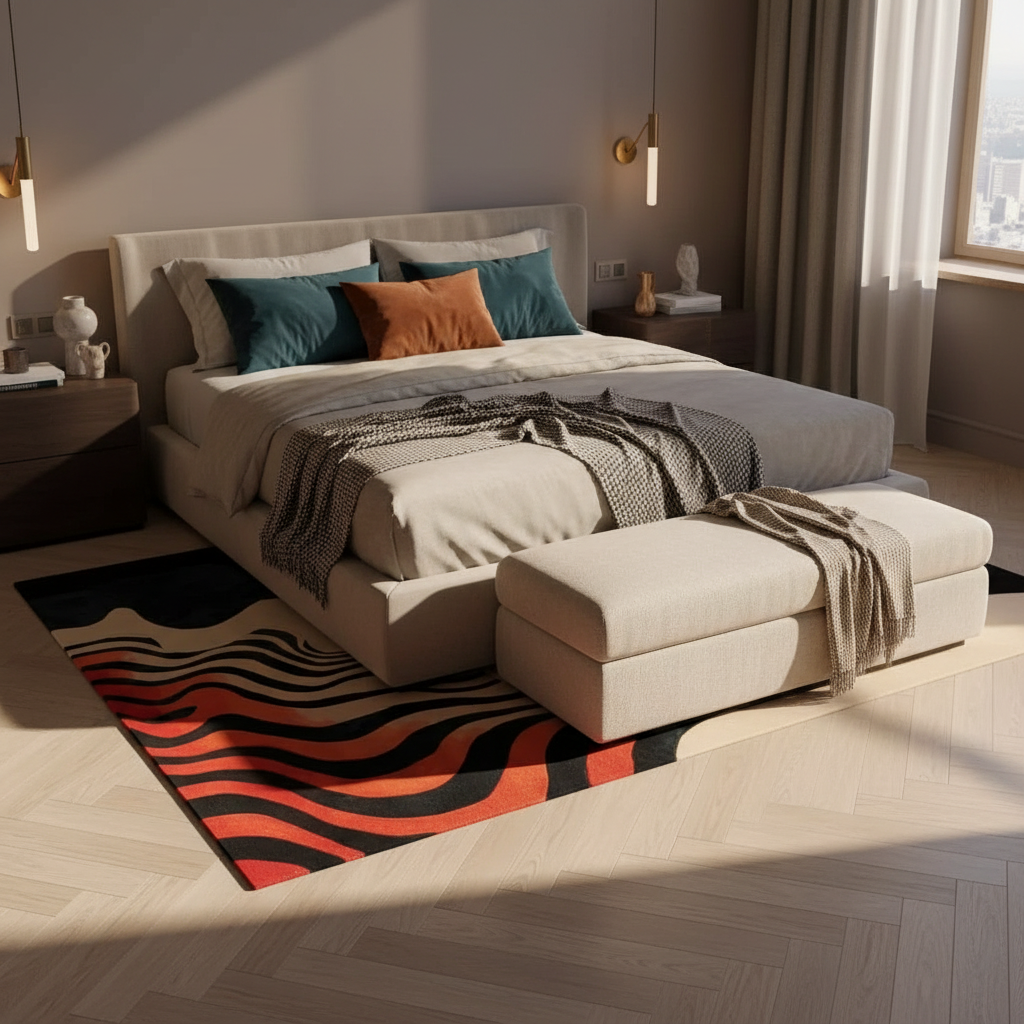 Rug with a wavy orange, black and tan ribbon pattern at the foot of a modern bed