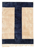 Top view of the Harry and Henry Moroccan Handwoven Wool Area Rug featuring a bold geometric design with deep navy and cream colors. This contemporary runner rug adds a modern touch to any space, perfect for kitchens, hallways, or bathrooms. Made from high-quality wool, it offers durability and style as a kitchen runner rug or hallway runner rug.