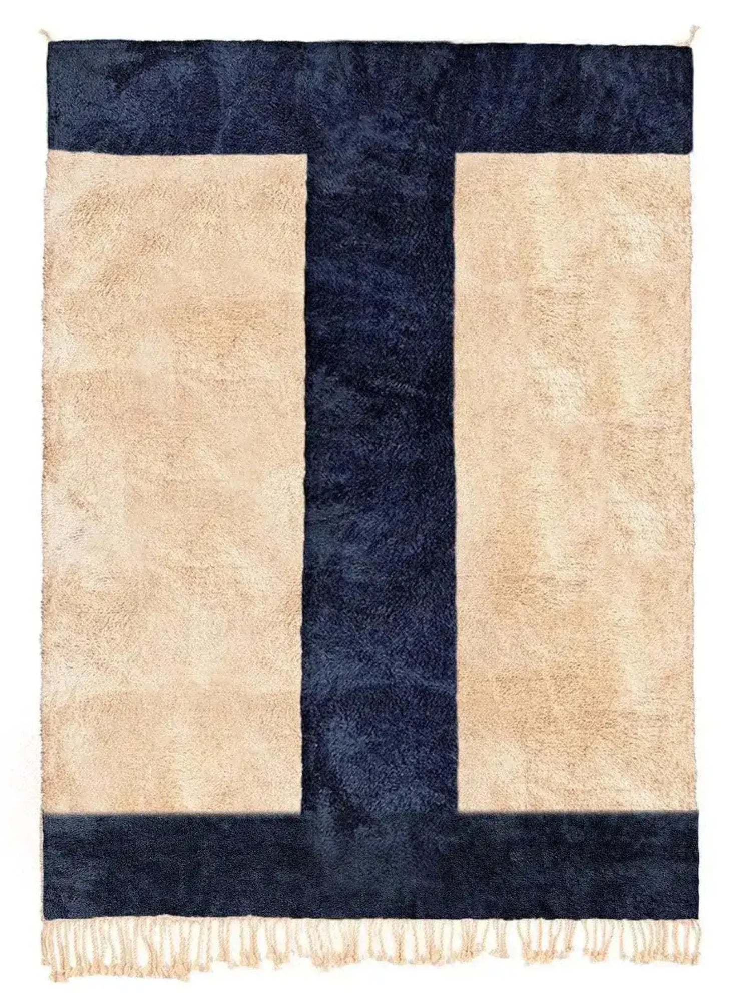Top view of the Harry and Henry Moroccan Handwoven Wool Area Rug featuring a bold geometric design with deep navy and cream colors. This contemporary runner rug adds a modern touch to any space, perfect for kitchens, hallways, or bathrooms. Made from high-quality wool, it offers durability and style as a kitchen runner rug or hallway runner rug.