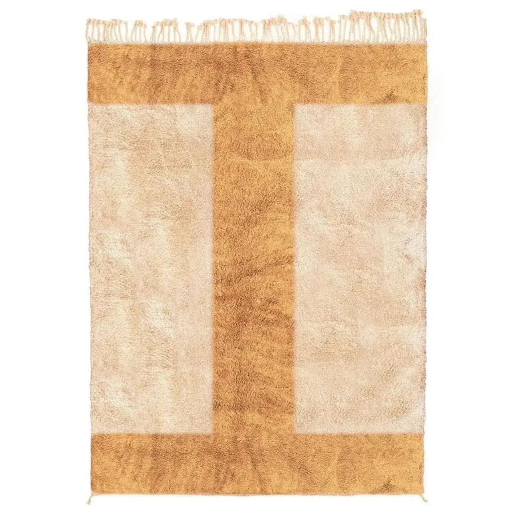 A beautifully woven Moroccan wool area rug with a contemporary design, perfect as a hallway runner rug or kitchen rug. The intricate pattern features earthy tones with a fringed end, offering a stylish touch to any space, be it a bathroom runner rug or a kitchen runner rug.