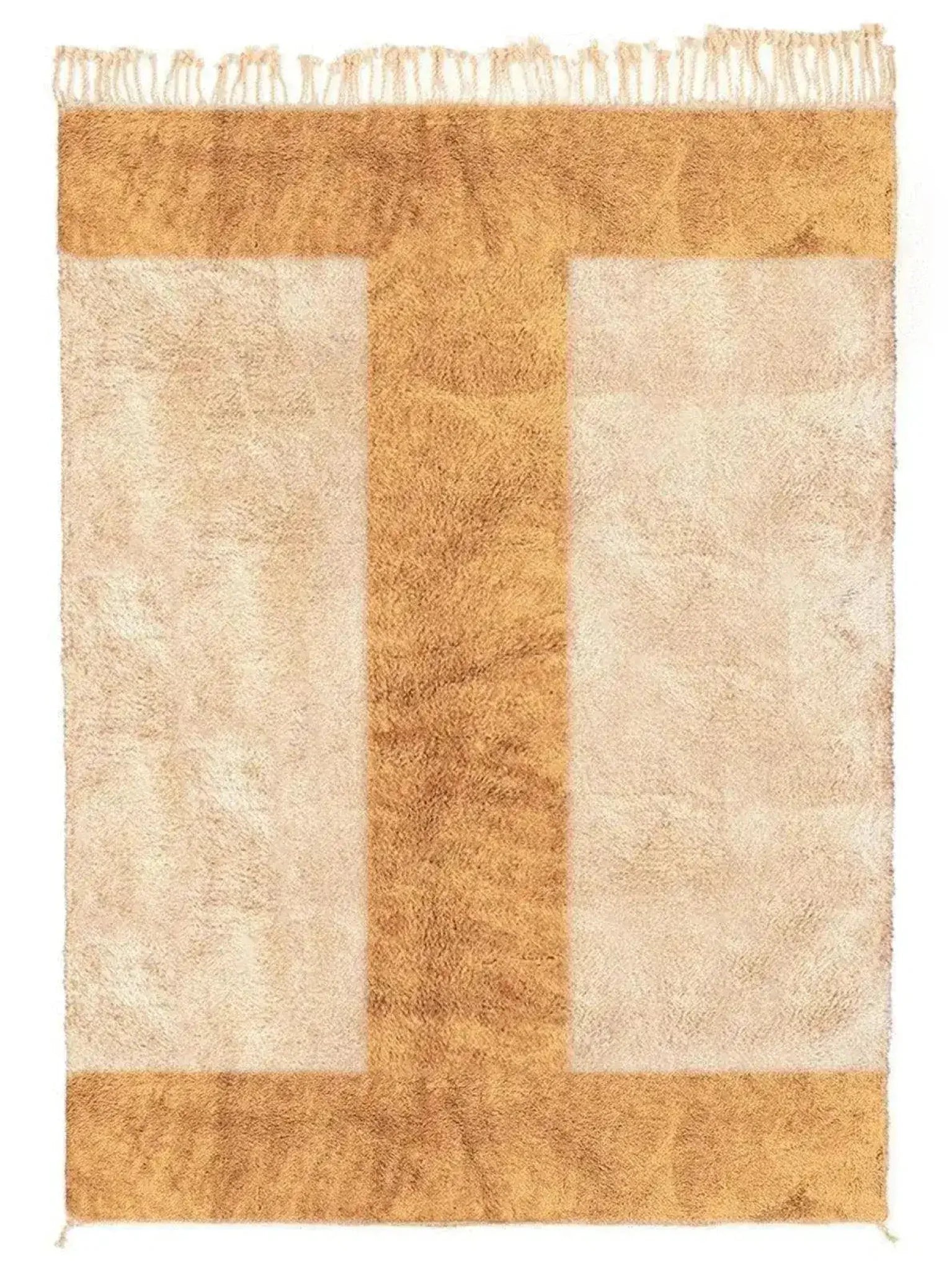 A beautifully woven Moroccan wool area rug with a contemporary design, perfect as a hallway runner rug or kitchen rug. The intricate pattern features earthy tones with a fringed end, offering a stylish touch to any space, be it a bathroom runner rug or a kitchen runner rug.