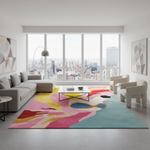 Modern living room with a colorful abstract rug, gray sofa, and cityscape view.