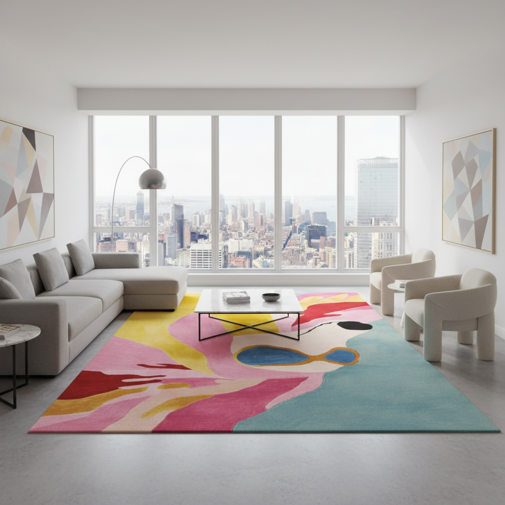 Modern living room with a colorful abstract rug, gray sofa, and cityscape view.