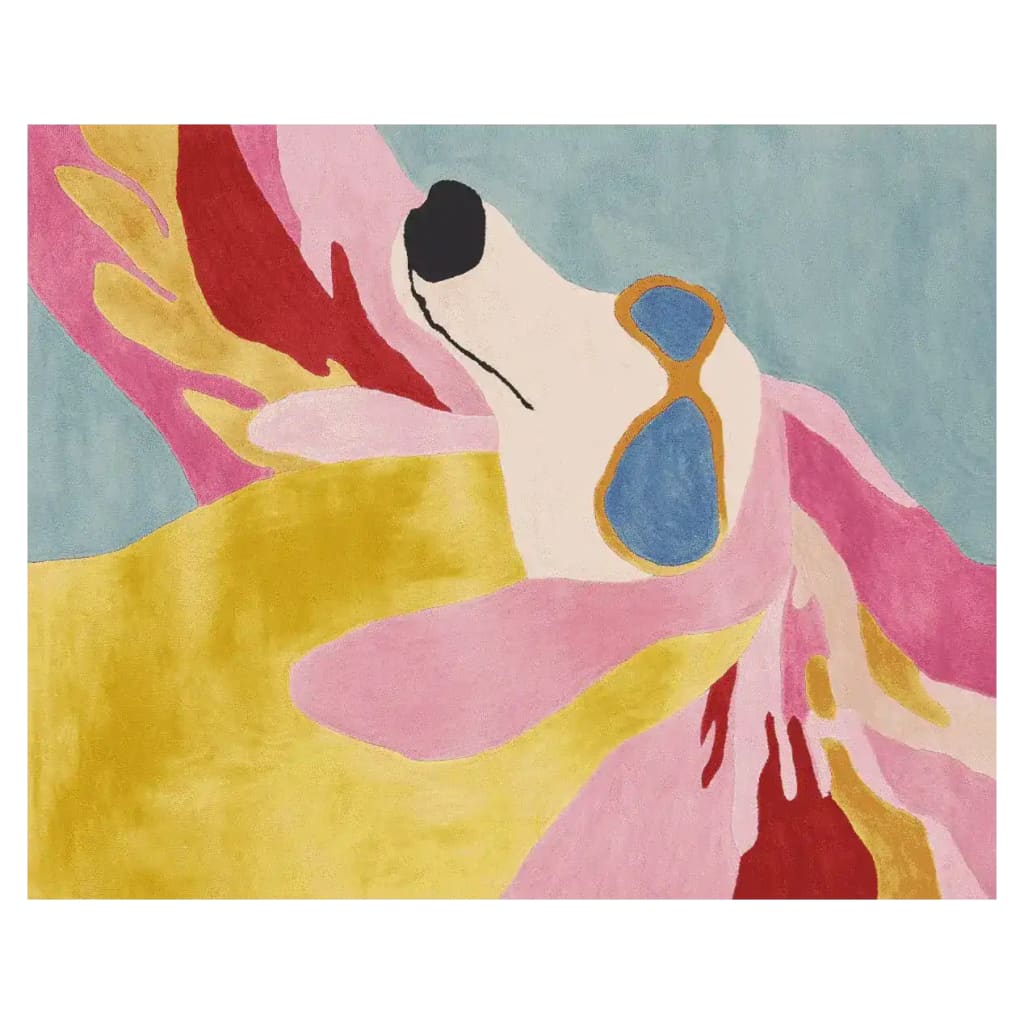 Vibrant area rug featuring an abstract design with bold colors and shapes, perfect for adding a contemporary touch to any living room. This hand tufted wool rug showcases a playful mix of pinks, yellows, and blues, making it an eye-catching centerpiece for modern decor.