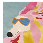 A contemporary hand-tufted area rug featuring a stylish dog with sunglasses in vibrant colors, ideal for a modern living room. This wool rug adds a playful touch to any space, perfect as a living room area rug.