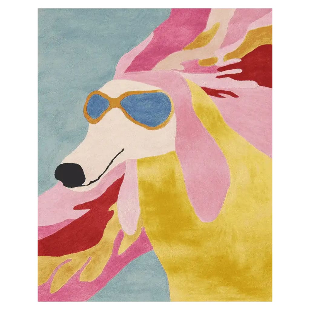 Vibrant and playful area rug featuring a contemporary design with a stylish dog wearing sunglasses. This hand-tufted wool rug is perfect for adding a splash of personality to your living room. The colorful combination of pink, yellow, and blue makes it an eye-catching addition to any space, ideal for those seeking unique rugs for living room decor.