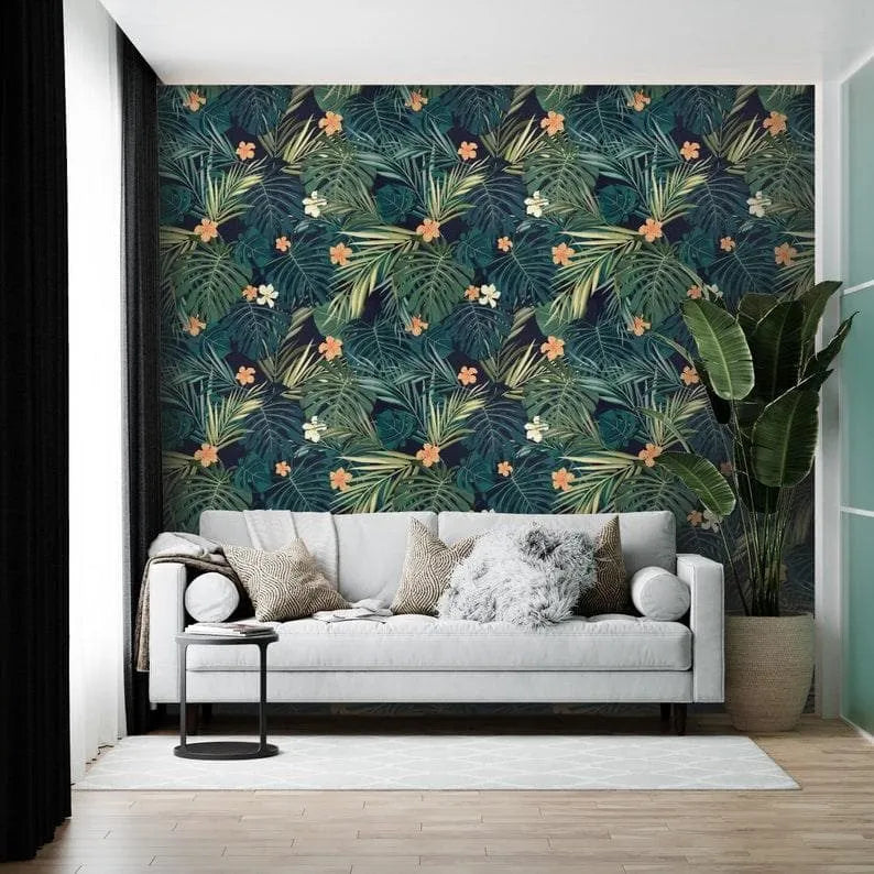 Hawaiian Dark Green Leaves Watercolor Wallpaper