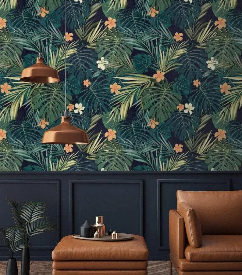 Hawaiian Dark Green Leaves Watercolor Wallpaper