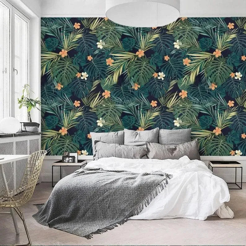 Hawaiian Dark Green Leaves Watercolor Wallpaper