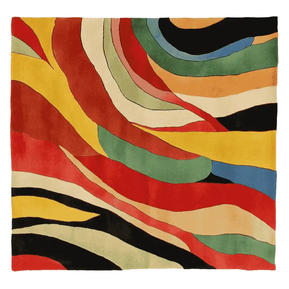 Vibrant Heat Mirage Hand Tufted Area Rug showcasing an abstract design with swirling stripes of red, yellow, green, and black. This square area rug is perfect for adding a contemporary touch to living rooms. Made from high-quality wool, it offers a modern artistic flair suitable for any living room decor.