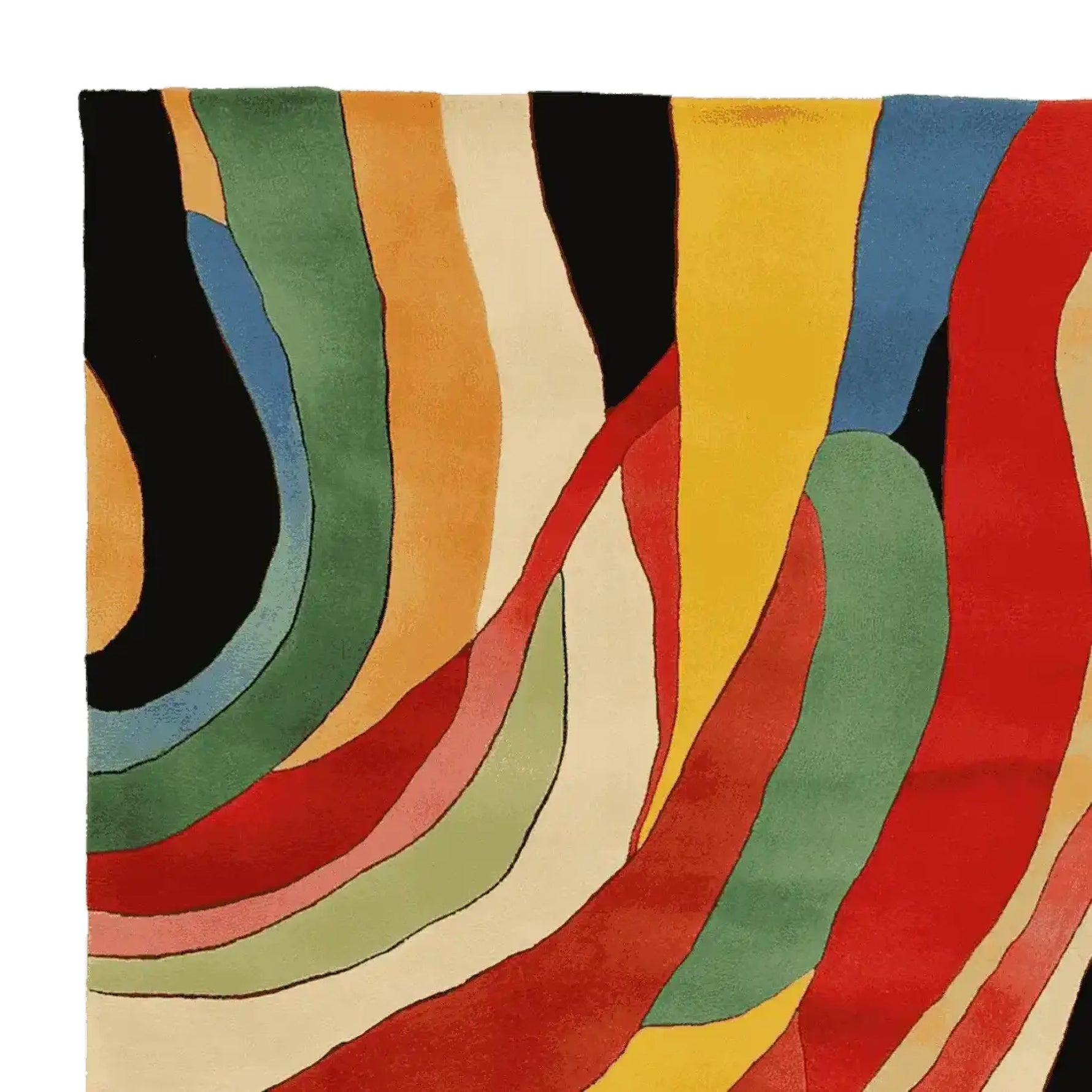 A vibrant Heat Mirage Hand Tufted square area rug featuring an abstract design with bold, colorful waves in shades of red, green, yellow, blue, and black. This contemporary wool rug is perfect for adding a splash of color to living room area rugs and complements modern decor.