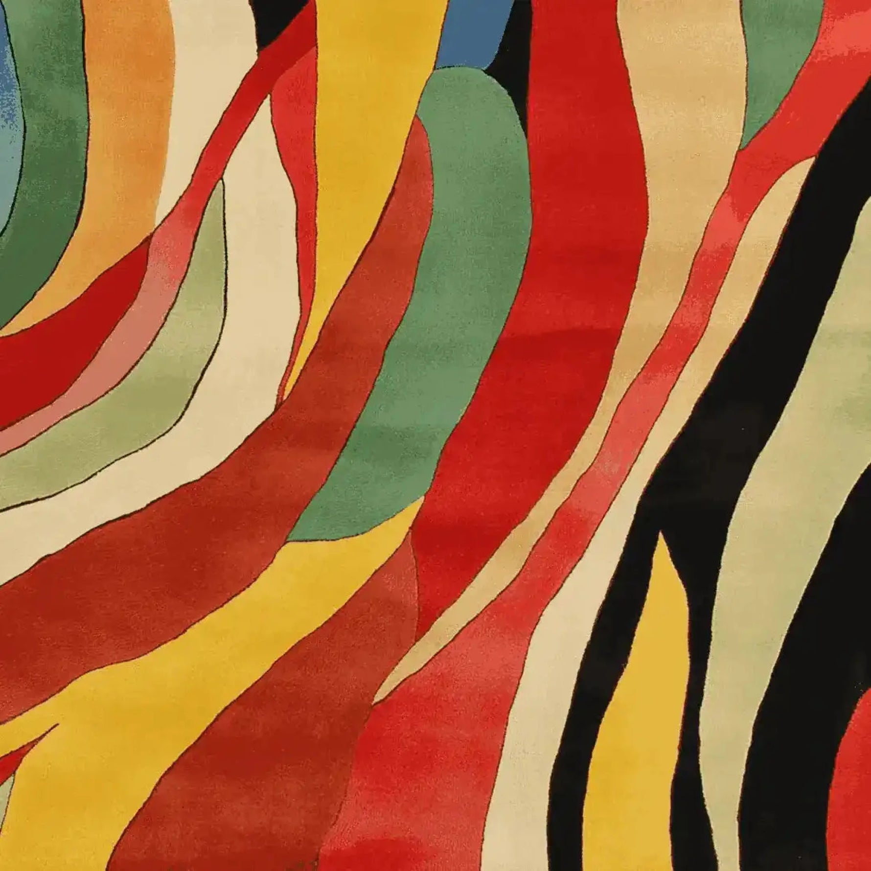 A vibrant, contemporary square area rug featuring an abstract design with bold, wavy stripes in red, yellow, green, and black. This wool rug is perfect for adding a splash of color to living room spaces. The hand-tufted texture enhances the warmth and style, making it an ideal choice for area rugs in your living room.