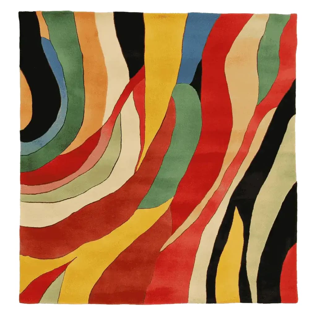 A vibrant, contemporary square area rug featuring an abstract design with swirling patterns in bold colors like red, yellow, green, and blue. This hand-tufted wool rug is perfect for adding a splash of color to any living room. Ideal as a centerpiece among area rugs for living rooms, offering a stylish and modern touch.