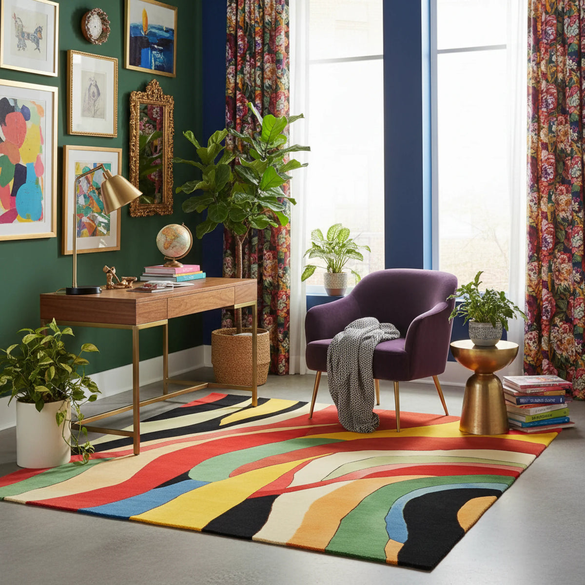 office with colorful red rug eclectic