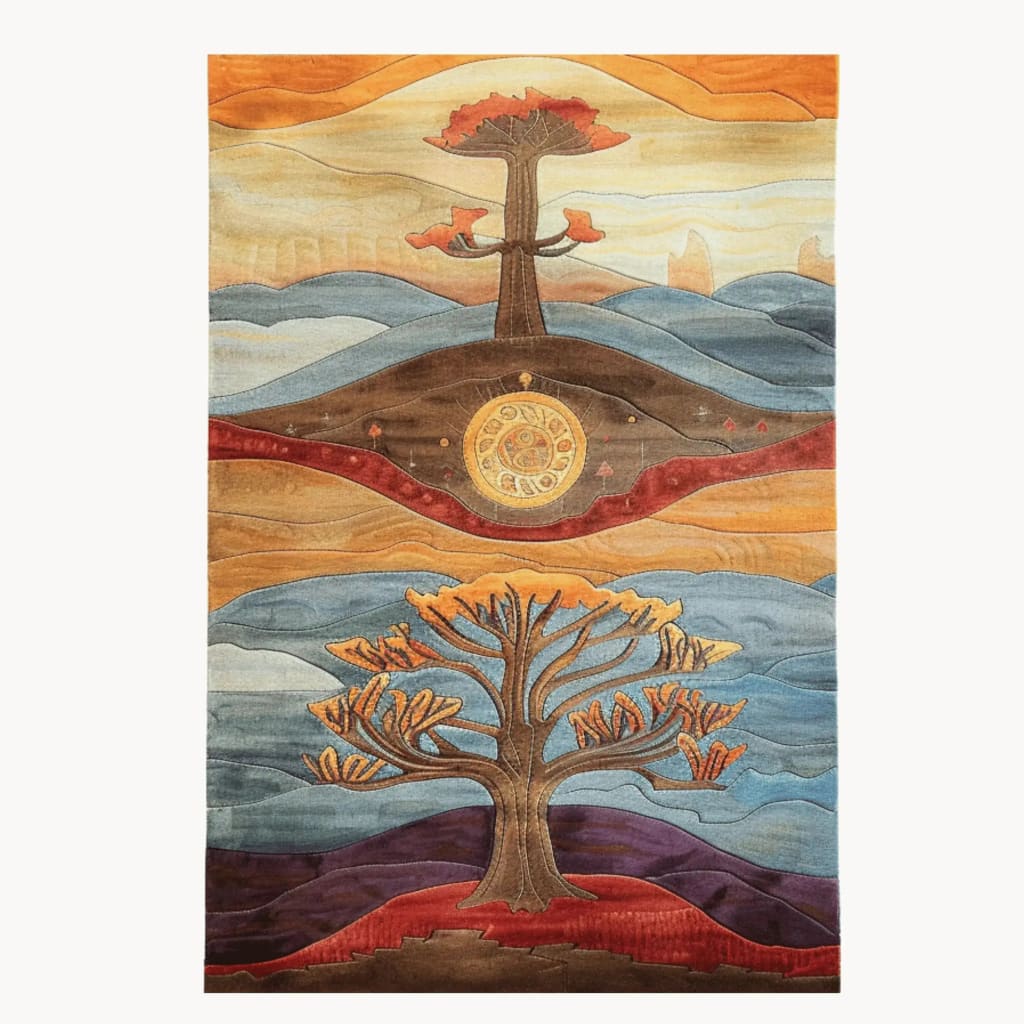 Heavenly Arbor Hand Tufted Rug depicting an abstract landscape with a vibrant tree design. This luxurious wool area rug is perfect for a large living room, adding a contemporary touch with its earthy tones and artistic flair.