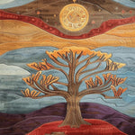 A beautifully designed area rug featuring a contemporary abstract depiction of a tree under a radiant sun, set against a backdrop of swirling earthy and blue tones. This wool rug is perfect for large living rooms, combining art and functionality as a stunning living room area rug.