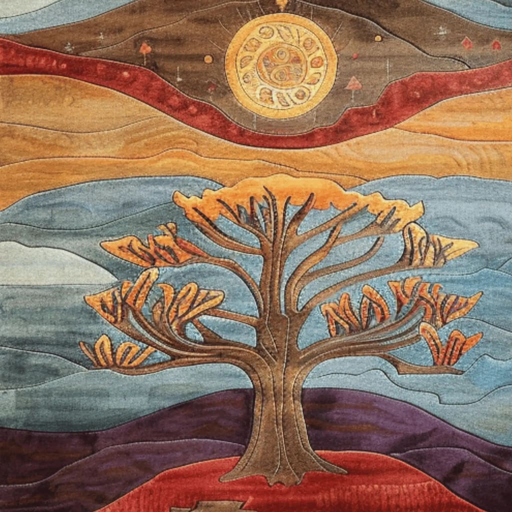 A beautifully designed area rug featuring a contemporary abstract depiction of a tree under a radiant sun, set against a backdrop of swirling earthy and blue tones. This wool rug is perfect for large living rooms, combining art and functionality as a stunning living room area rug.