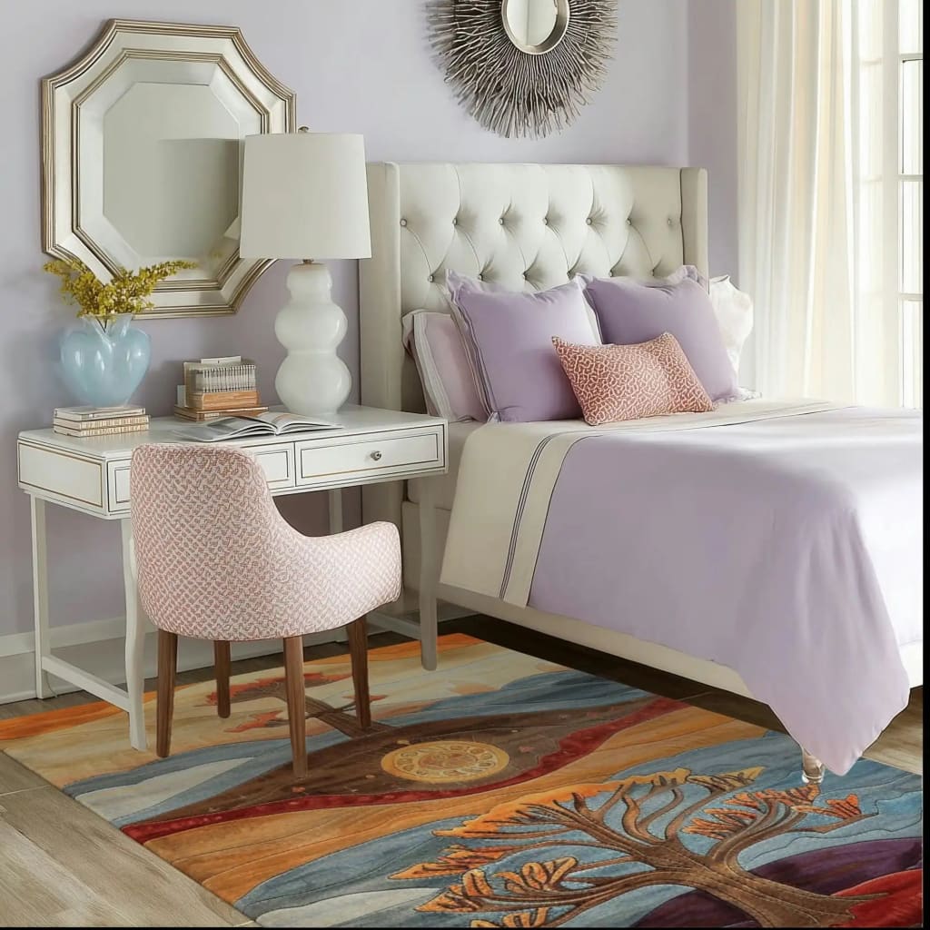 A beautifully styled bedroom featuring the Heavenly Arbor Hand Tufted Rug, perfect for large living rooms. This contemporary area rug, crafted from high-quality wool, adds a vibrant and artistic touch to the living room decor. The rug showcases an abstract tree design that complements the elegant furniture and soft lavender bedding.