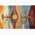 A vibrant Heavenly Arbor Hand Tufted Area Rug featuring a contemporary abstract design with colorful tree patterns, perfect for large living rooms. This wool rug showcases rich blues, oranges, and browns, making it an ideal choice for living room area rugs.