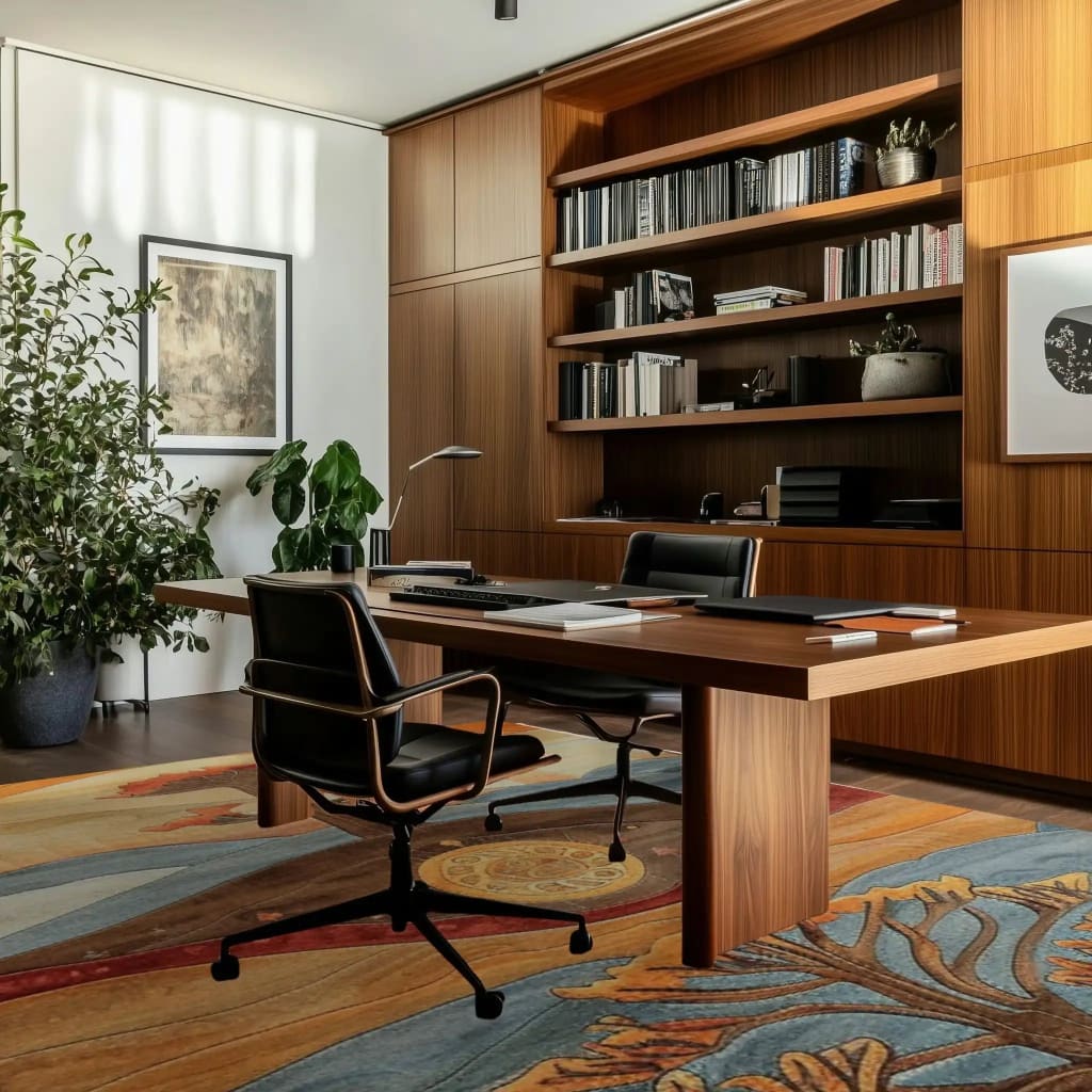 A beautifully designed contemporary wool area rug in a spacious living room setting. This large living room rug features an abstract floral pattern with earthy tones, complementing the modern wood furniture and lush green plants. The rug adds warmth and elegance to the living room, making it a perfect choice for those seeking stylish living room area rugs.