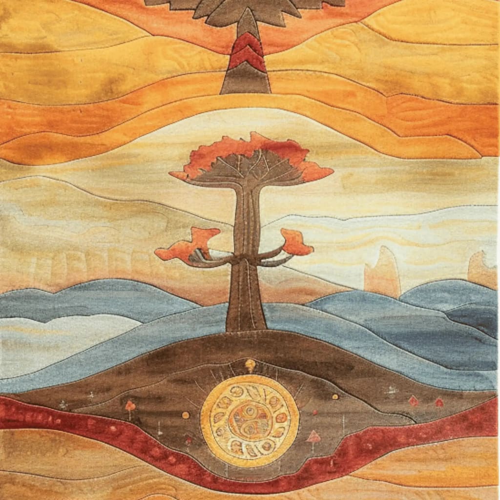 Vibrant area rug featuring a contemporary abstract design with a tree motif and earthy colors, perfect for large living rooms. This wool rug adds a touch of modern elegance to living room area rugs collection.