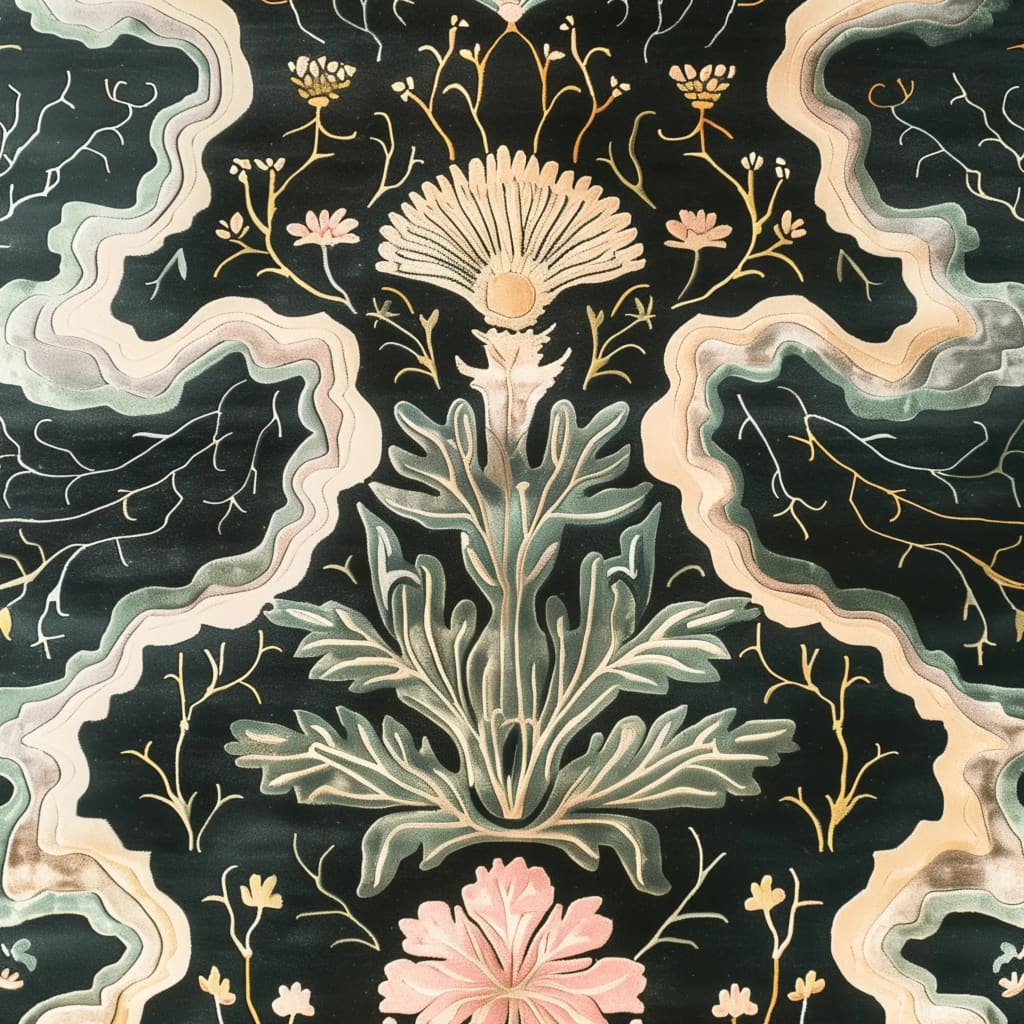 Heavenly Cloud Garden Hand Tufted Rug featuring a stunning floral design with intricate botanical patterns. This area rug, perfect for dining rooms or as a bedroom area rug, showcases a beautiful blend of soft pastel colors against a dark background. Crafted from high-quality wool, this floral rug adds elegance and warmth to any bedroom or living space.