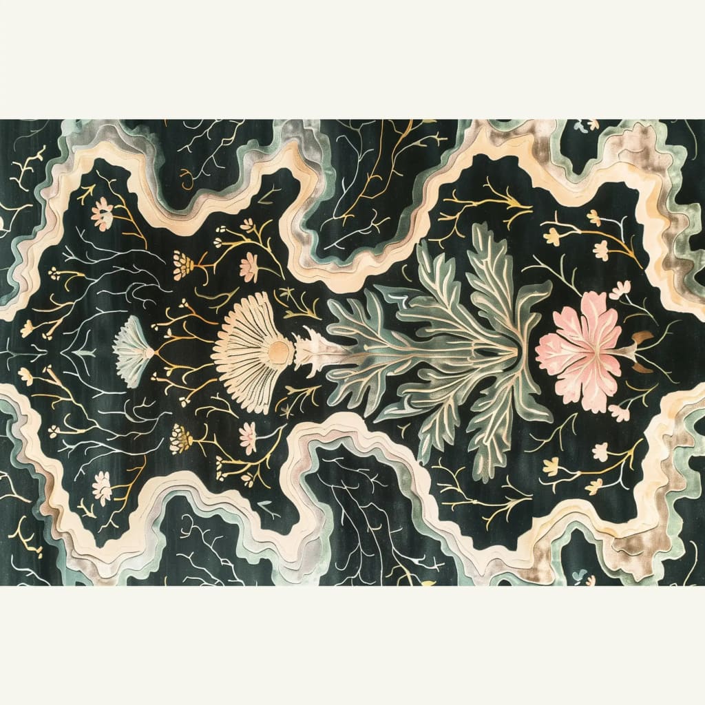 A beautifully detailed area rug featuring a lush floral design, perfect for adding elegance to dining or bedroom spaces. This hand-tufted wool rug showcases intricate patterns with soft, flowing lines and vibrant botanical motifs, ideal for those seeking a stylish bedroom area rug.