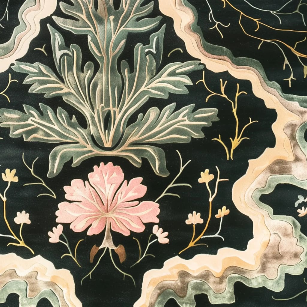 Close-up view of the Heavenly Cloud Garden Hand Tufted Rug, featuring an intricate floral design with lush green and pink patterns on a dark background. Ideal for enhancing the ambiance of dining rooms and bedrooms, this wool area rug adds a touch of elegance and warmth.