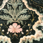 Close-up view of the Heavenly Cloud Garden Hand Tufted Rug, featuring an intricate floral design with lush green and pink patterns on a dark background. Ideal for enhancing the ambiance of dining rooms and bedrooms, this wool area rug adds a touch of elegance and warmth.