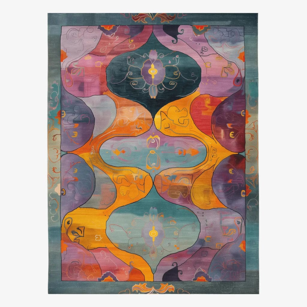 Vibrant Heirloom Hues Hand Tufted Area Rug showcasing an abstract design with rich colors including orange, purple, and teal. Perfect for adding a vintage touch to dining rooms or as an 8x10 living room rug, this wool rug enhances any formal dining room or living space.