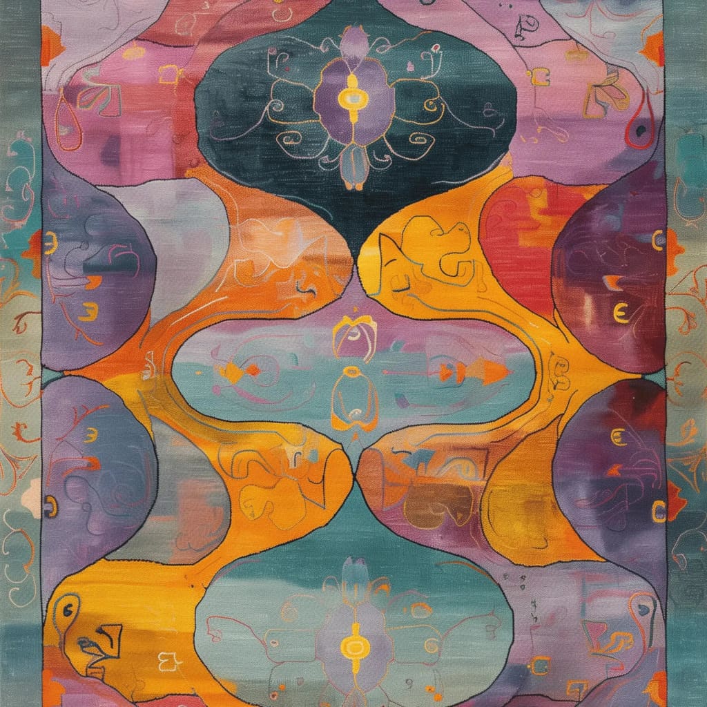 This vibrant Heirloom Hues Hand Tufted Area Rug showcases an abstract design with a mix of rich blues, purples, oranges, and yellows. Perfect for adding a splash of color to a dining room or living room, this 8x10 vintage wool rug brings an artistic flair to any space, ideal for formal dining room settings.