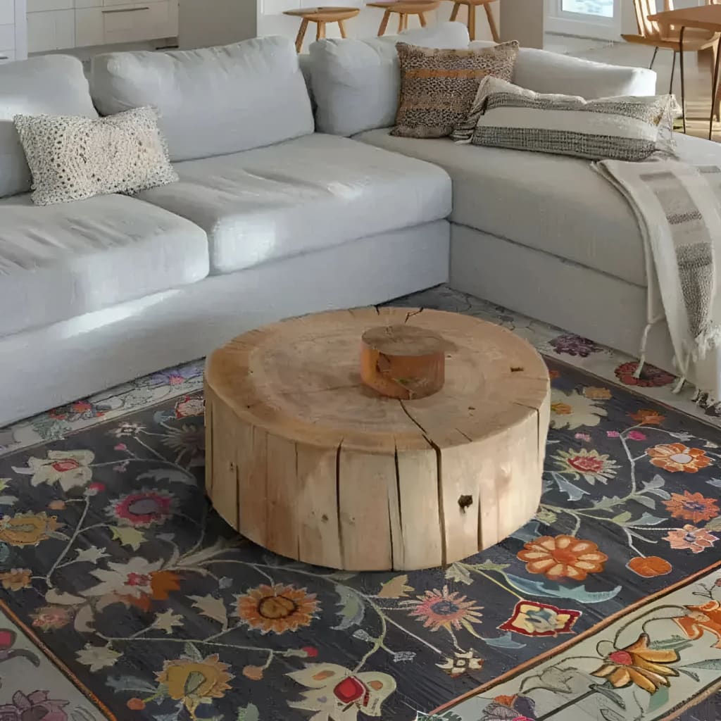 A cozy living room featuring a large 8x10 floral area rug with vintage charm, hand-tufted from wool. The rug's intricate design complements the rustic wooden coffee table and plush gray sofa, creating a warm and inviting atmosphere.